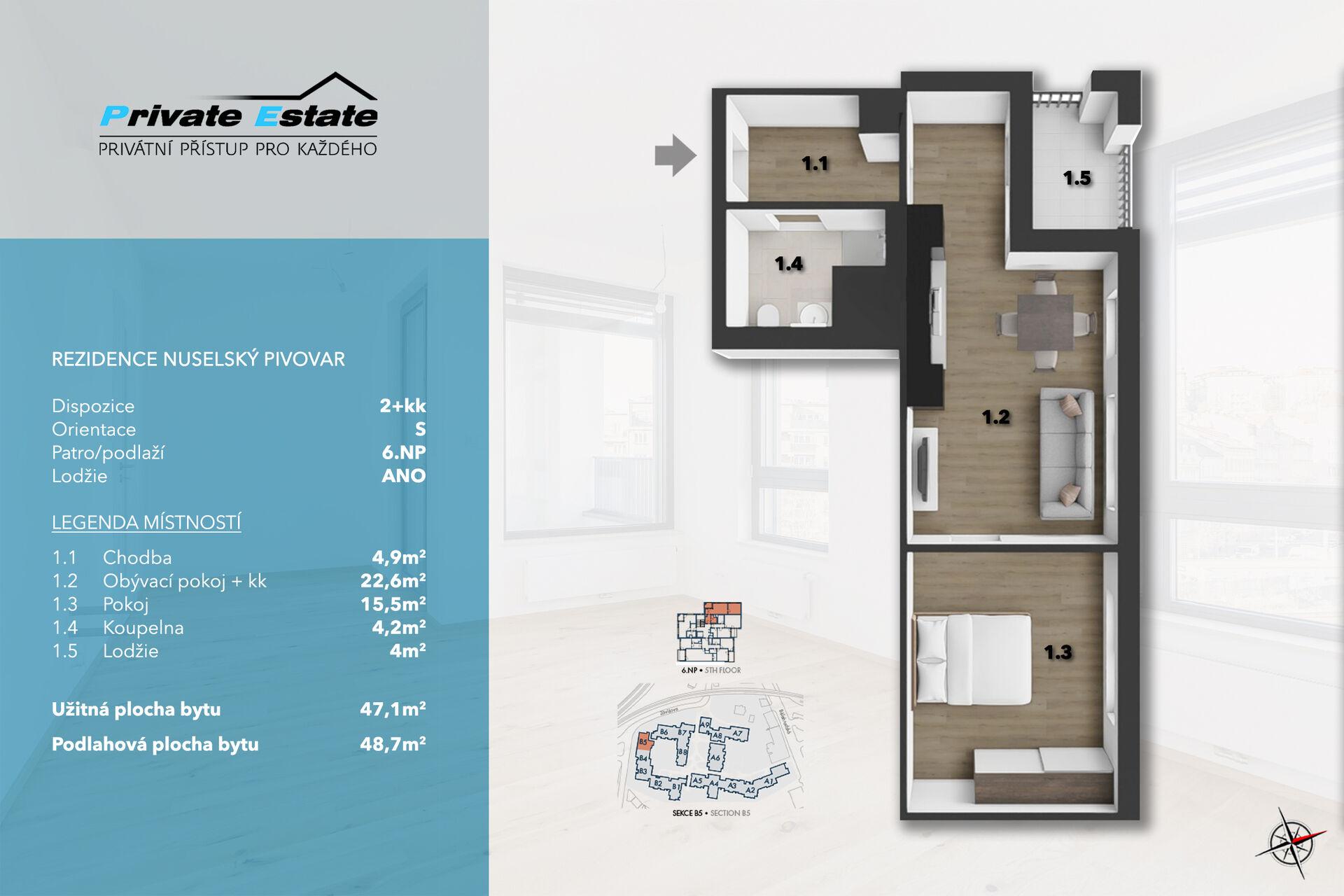 Prodej bytu 2+kk (48,7m2) s lodžií (4m2), sklepem a garážovým stáním
