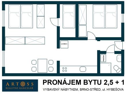 Náčrt půdorysu | Pronájem bytu, 2+1, 54 m²