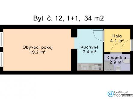 2D | Pronájem bytu, 1+kk, 34 m²