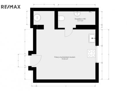 3b. 2D půdorys bytu 1+kk s výměrami | Pronájem bytu, 1+kk, 22 m²