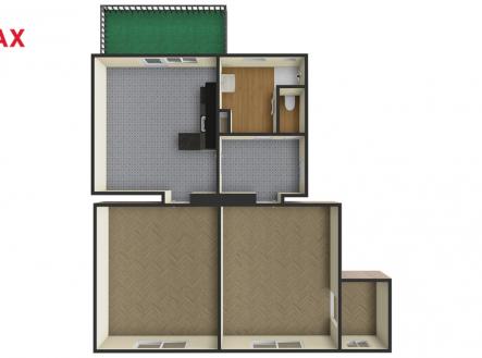 3a. 3D půdorys bytu 3+kk s terasou | Pronájem bytu, 3+kk, 77 m²