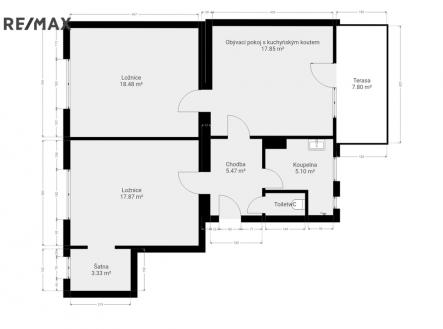 3b. 2D půdorys bytu 3+kk s terasou s výměrami | Pronájem bytu, 3+kk, 77 m²