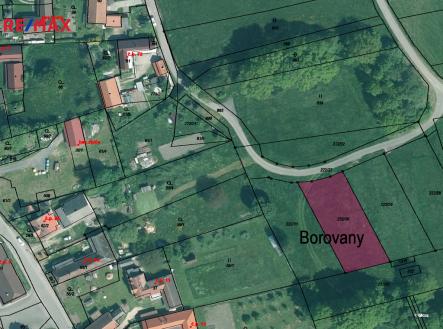 Letecký pohled na lokalitu v Borovanech. | Prodej - pozemek pro bydlení, 1 131 m²
