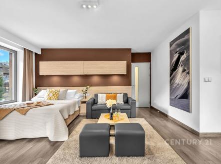 Světlý obývací pokoj s parketovou podlahou, moderní design, velká okna nabízí přirozené světlo a otevřený prostor s pohodlným sezením. | Prodej bytu, 2+kk, 58 m²