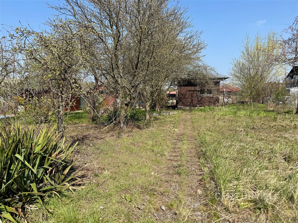 Zahrada s ovocnými stromy a travnatou plochou, vhodná pro rekreační využití, nabízí klidné prostředí a potenciál k rozvoji.