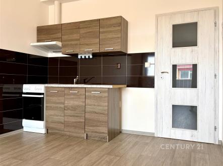 Moderní kuchyň s dřevěnou linkou, vestavěné spotřebiče, parketová podlaha, prostorná dispozice vhodná pro komfortní vaření | Pronájem bytu, 1+kk, 28 m²