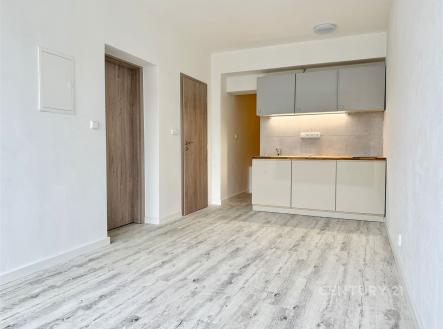 Světlá moderní kuchyň s dřevěnými podlahami a vestavěnou skříní nabízí funkční prostor v rekonstruovaném bytě. | Pronájem bytu, 2+kk, 32 m²
