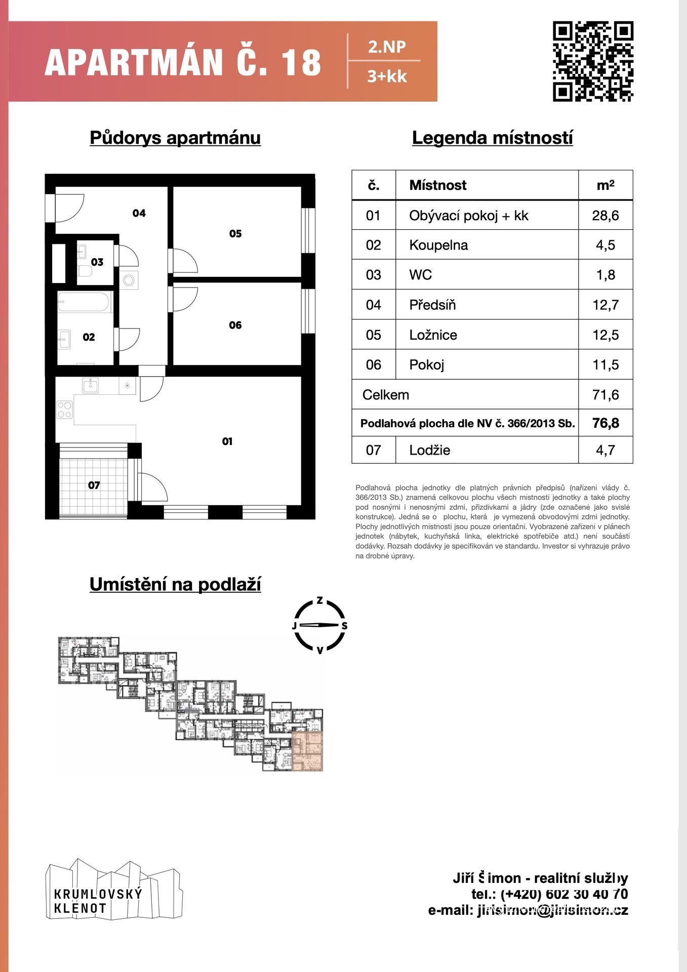 Apartmán č. 18, 3+kk, 77 m2 + balkón 5 m2 + sklep v 2. NP v projektu Krumlovský klenot