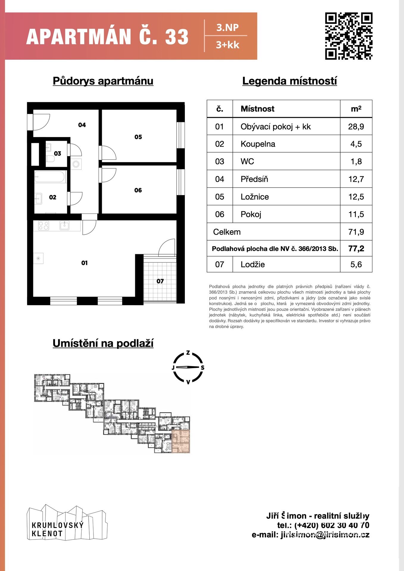 Apartmán č. 33, 3+kk, 77 m2 + balkón 6 m2 + sklep v 3. NP v projektu Krumlovský klenot