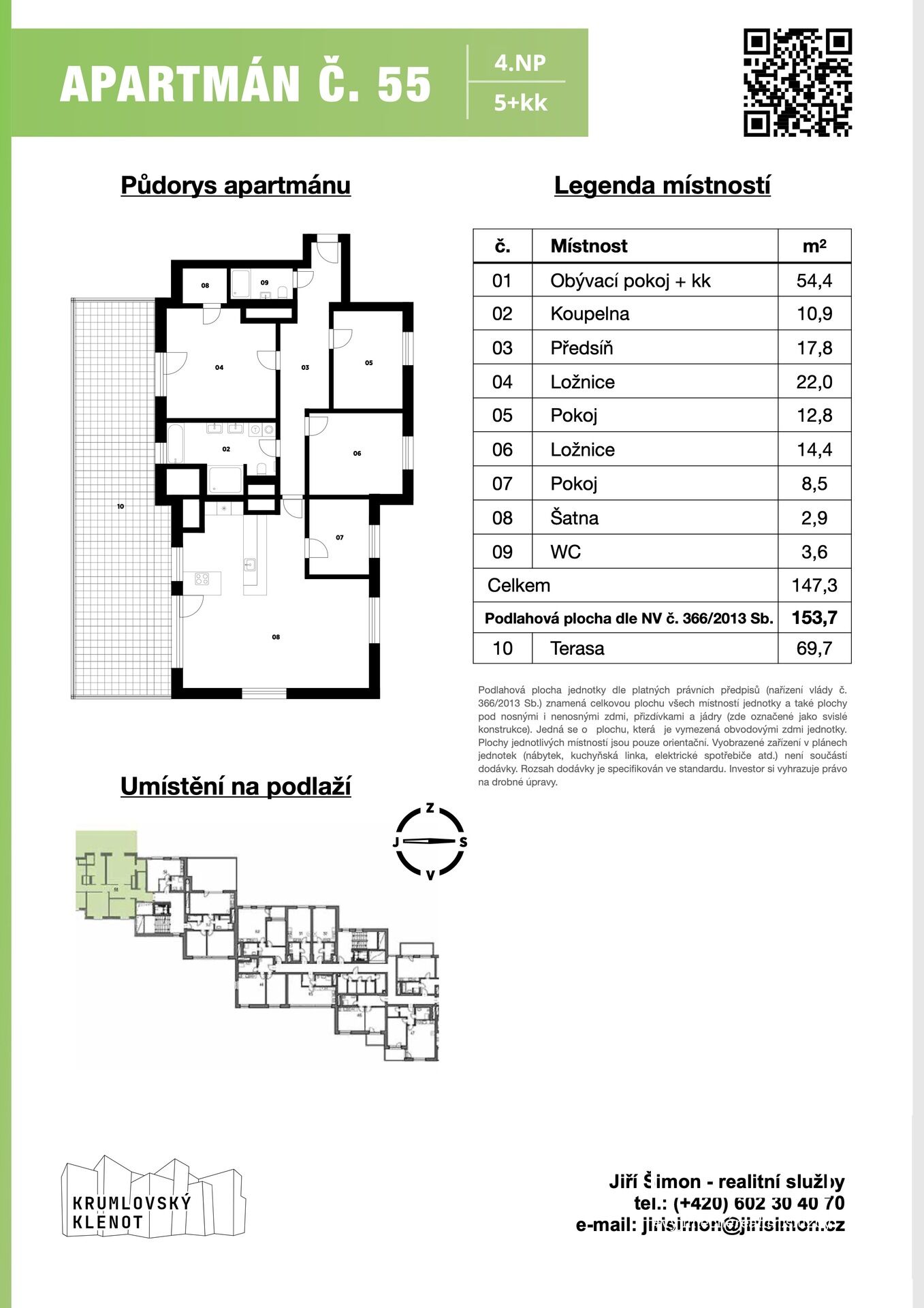 Apartmán č. 55, 5+kk, 154 m2 + terasa 70 m2 + sklep v 4. NP v projektu Krumlovský klenot