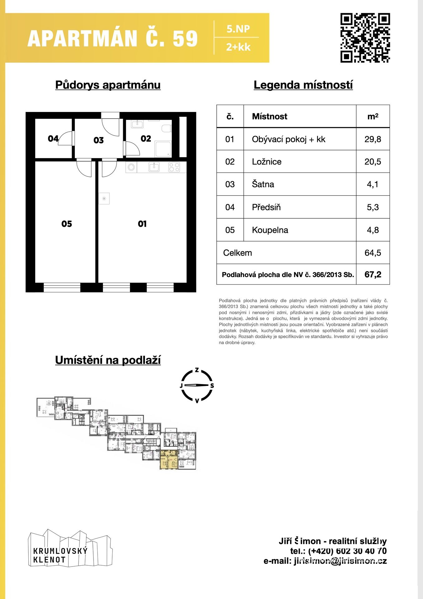 Apartmán č. 59, 2+kk, 67m2 + sklep v 5. NP v projektu Krumlovský klenot