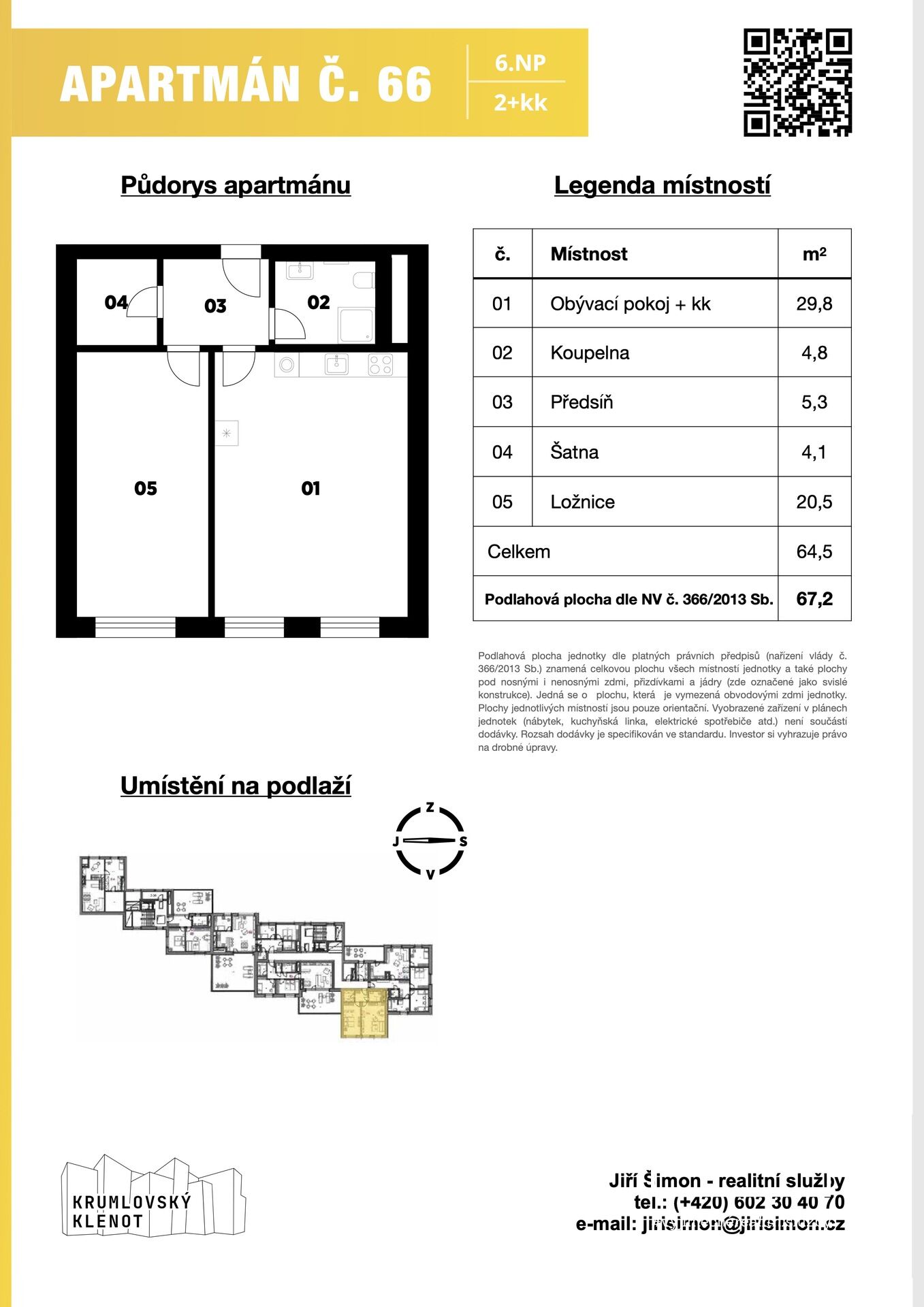 Apartmán č. 66, 2+kk, 67m2 + sklep v 6. NP v projektu Krumlovský klenot