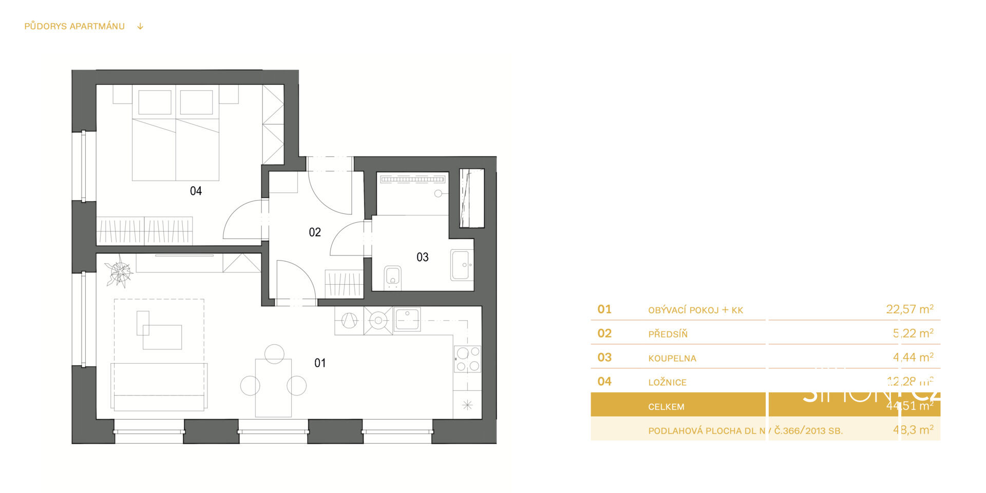 Apartmán č. 12, 2+kk, 48 m2 + sklep + garážové stání v 1. NP v projektu Krumlovský klenot