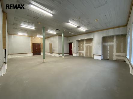 hlavní skladovací prostor (vpravo dveře do chodby, vlevo rampa) | Pronájem - skladovací prostor, 210 m²