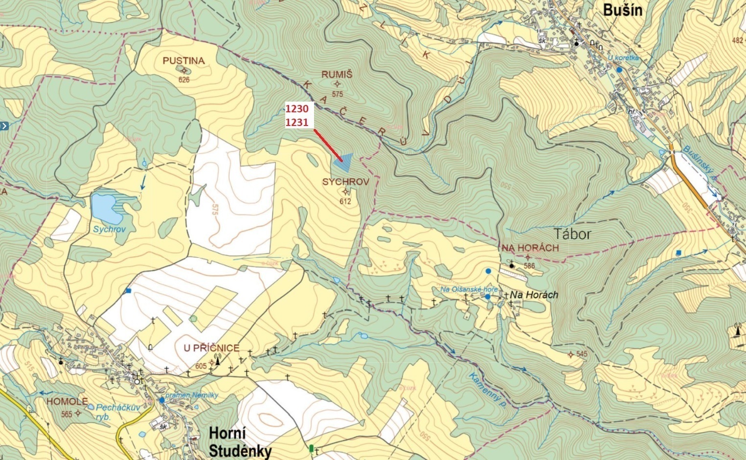 Lesní pozemky o výměře 7904 m2, podíl 1/1, k.ú. Horní Studénky, okres Šumperk