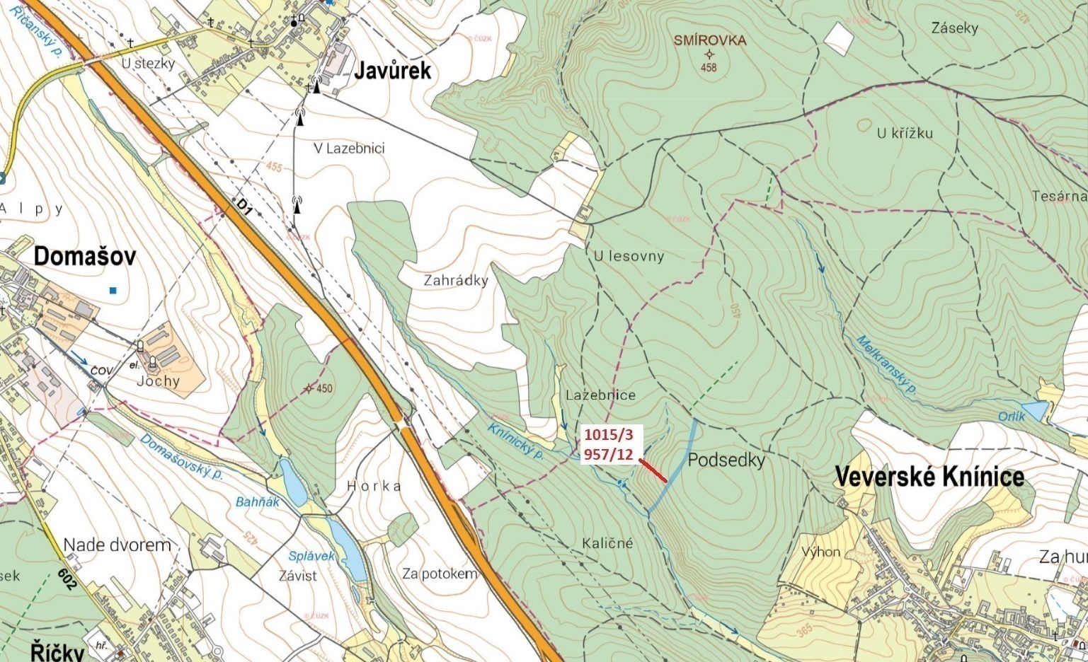Lesní pozemky o výměře 5 454 m2, podíl 1/1, k.ú. Veverské Knínice, okres Brno-venkov