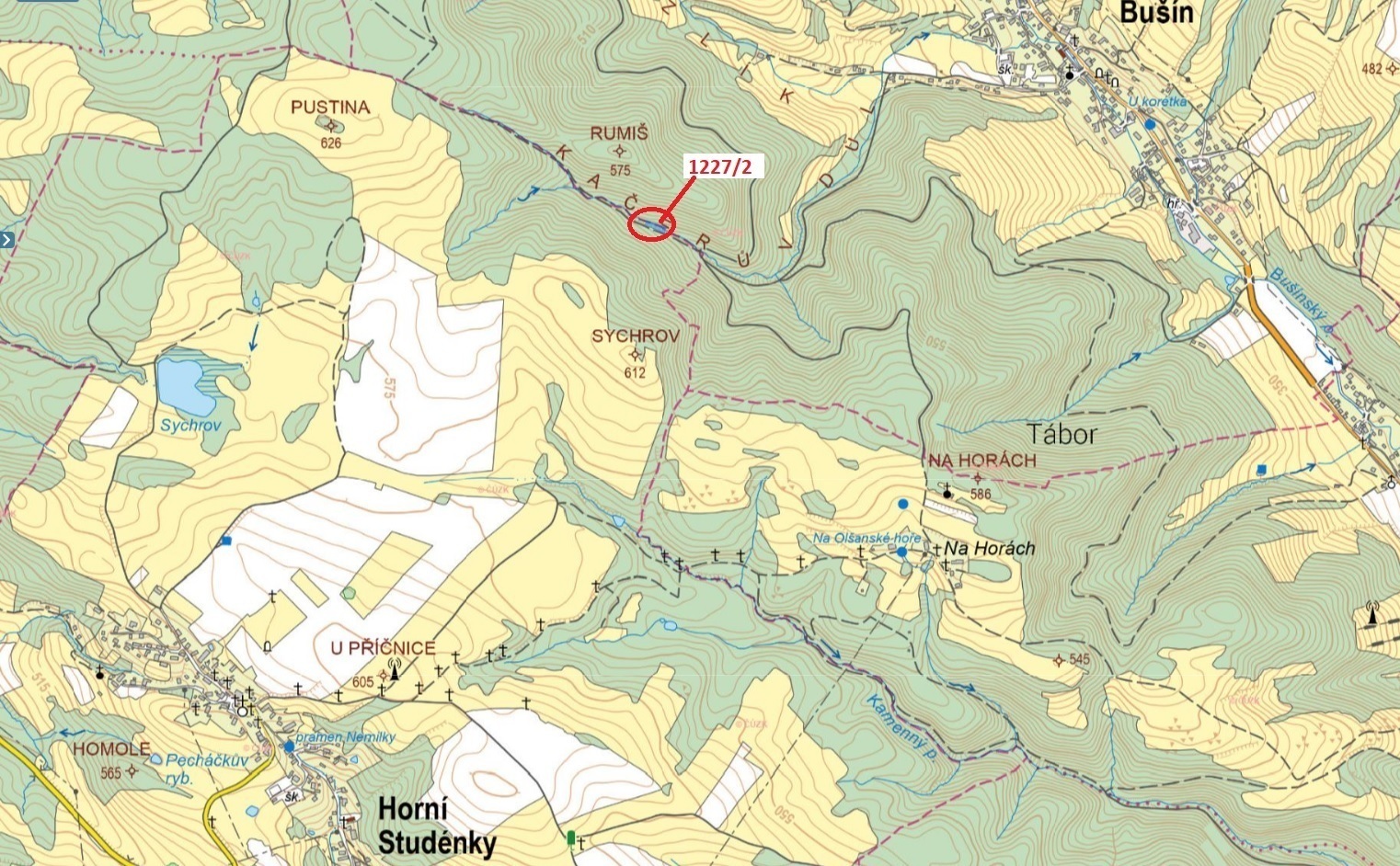 Lesní pozemek o výměře 860 m2, podíl 1/1, k.ú. Horní Studénky, okres Šumperk