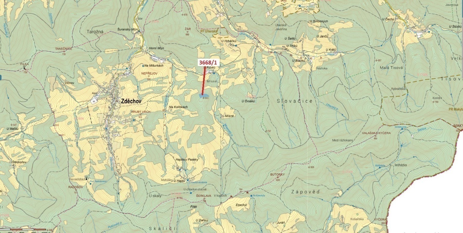 Lesní pozemek o výměře 8 988 m2, podíl 1/1, k.ú. Zděchov, okres Vsetín