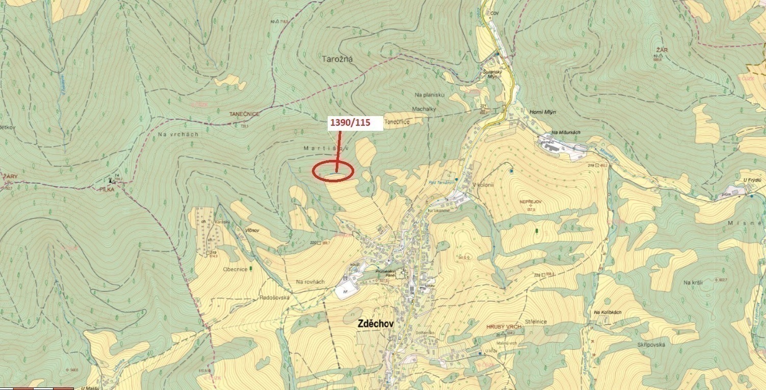Lesní pozemek o výměře 200 m2, podíl 1/1, k.ú. Zděchov, okres Vsetín