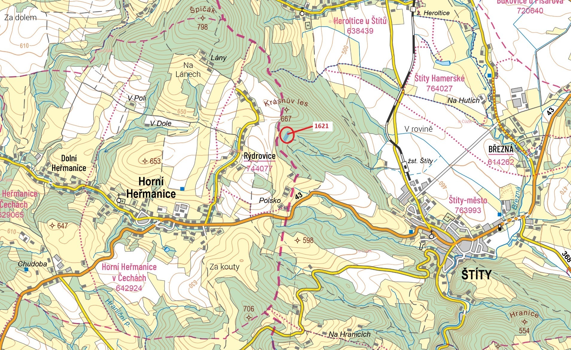 Lesní pozemek o výměře 5 692 m2, podíl 1/1, k.ú. Štíty-město, okres Šumperk