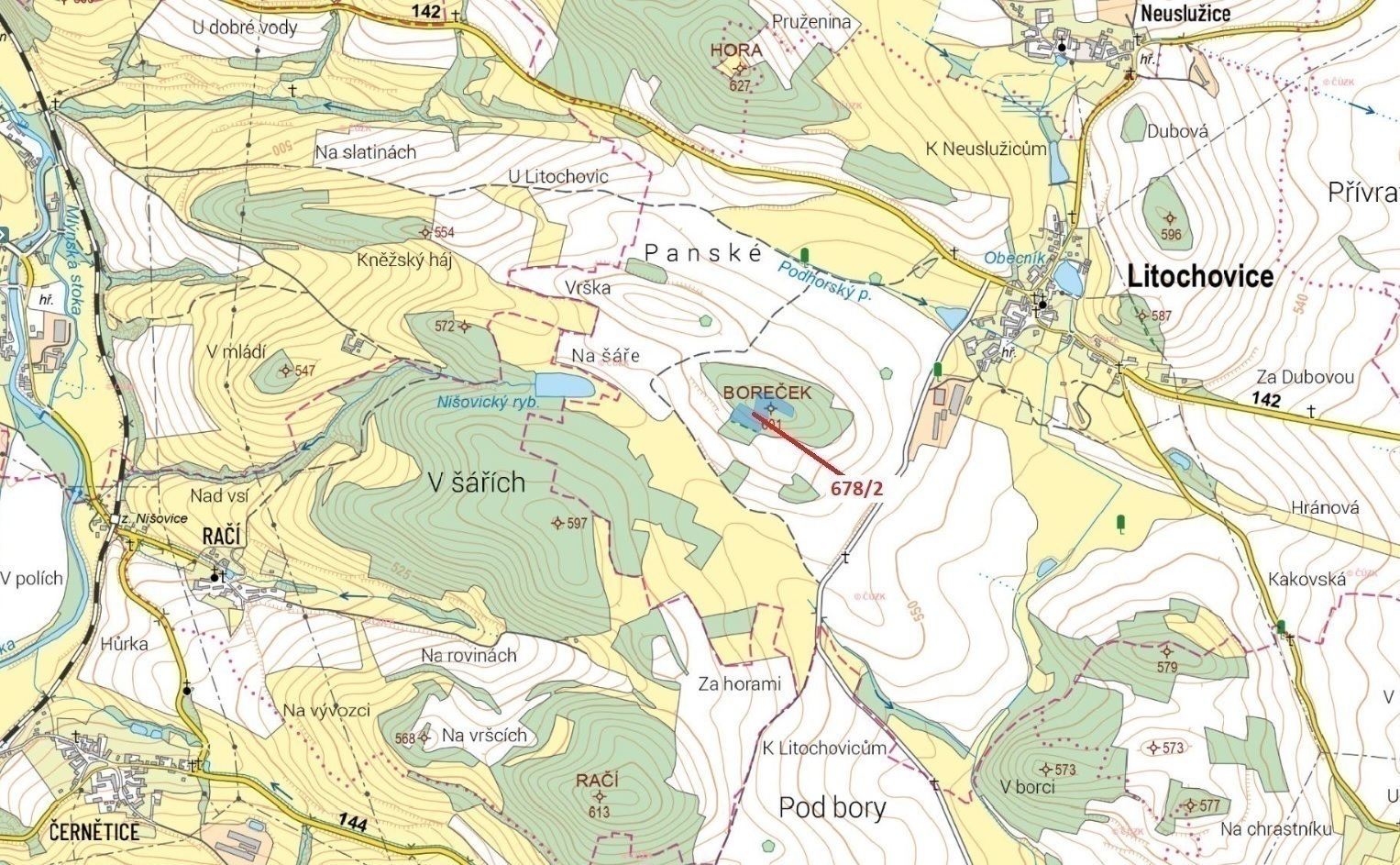 Lesní pozemek o výměře 9 776 m2, podíl 1/1, k.ú. Litochovice u Volyně, okres Strakonice