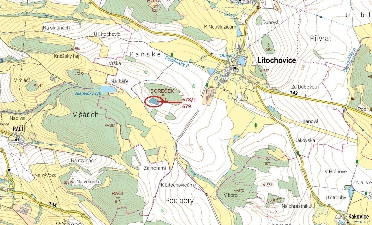 Lesní pozemek a ostatní plocha o výměře 4 717 m2, podíl 1/1, k.ú. Litochovice u Volyně, okres Strako