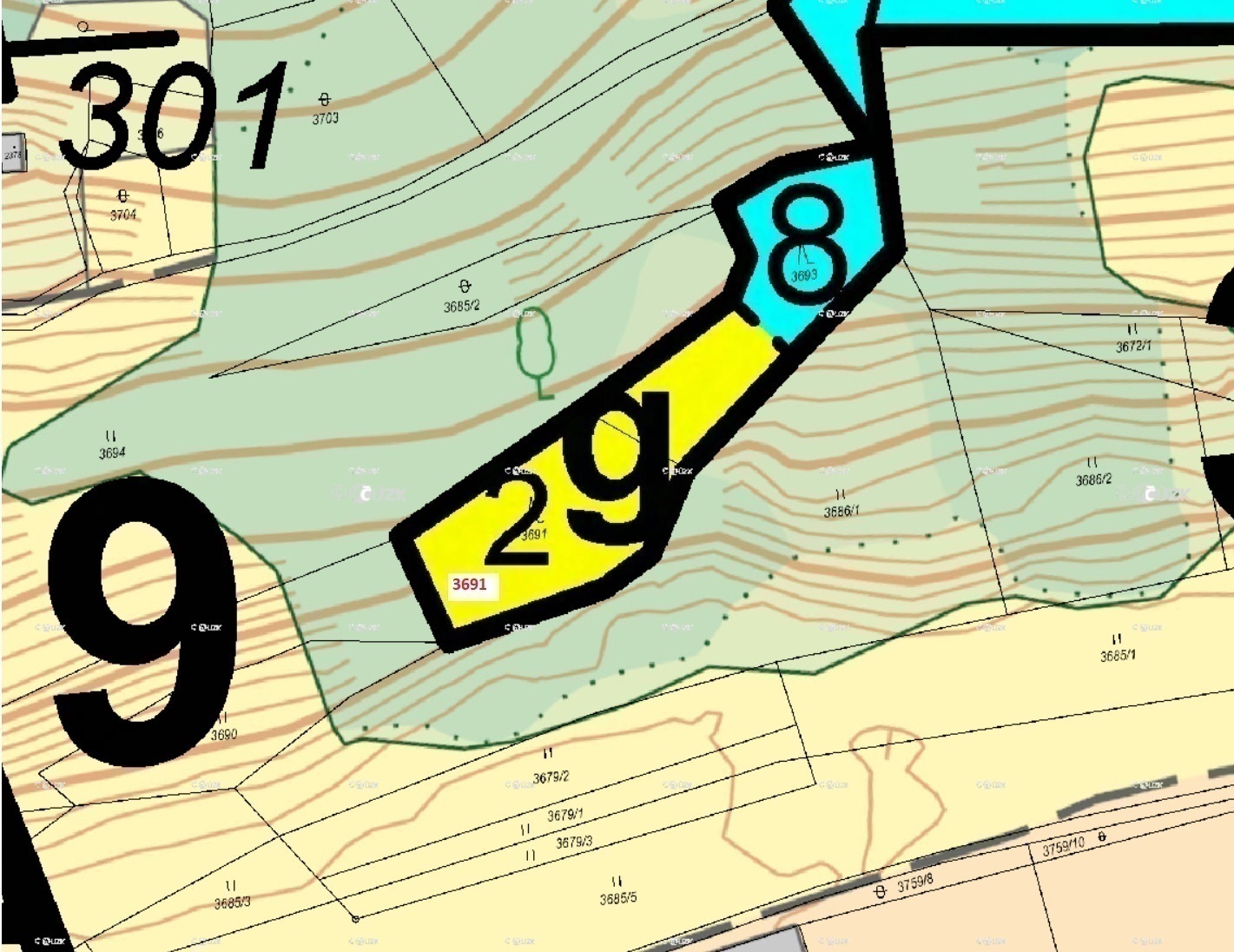 Lesní pozemek o výměře 938 m2, podíl 1/1, k.ú. Hovězí, okres Vsetín