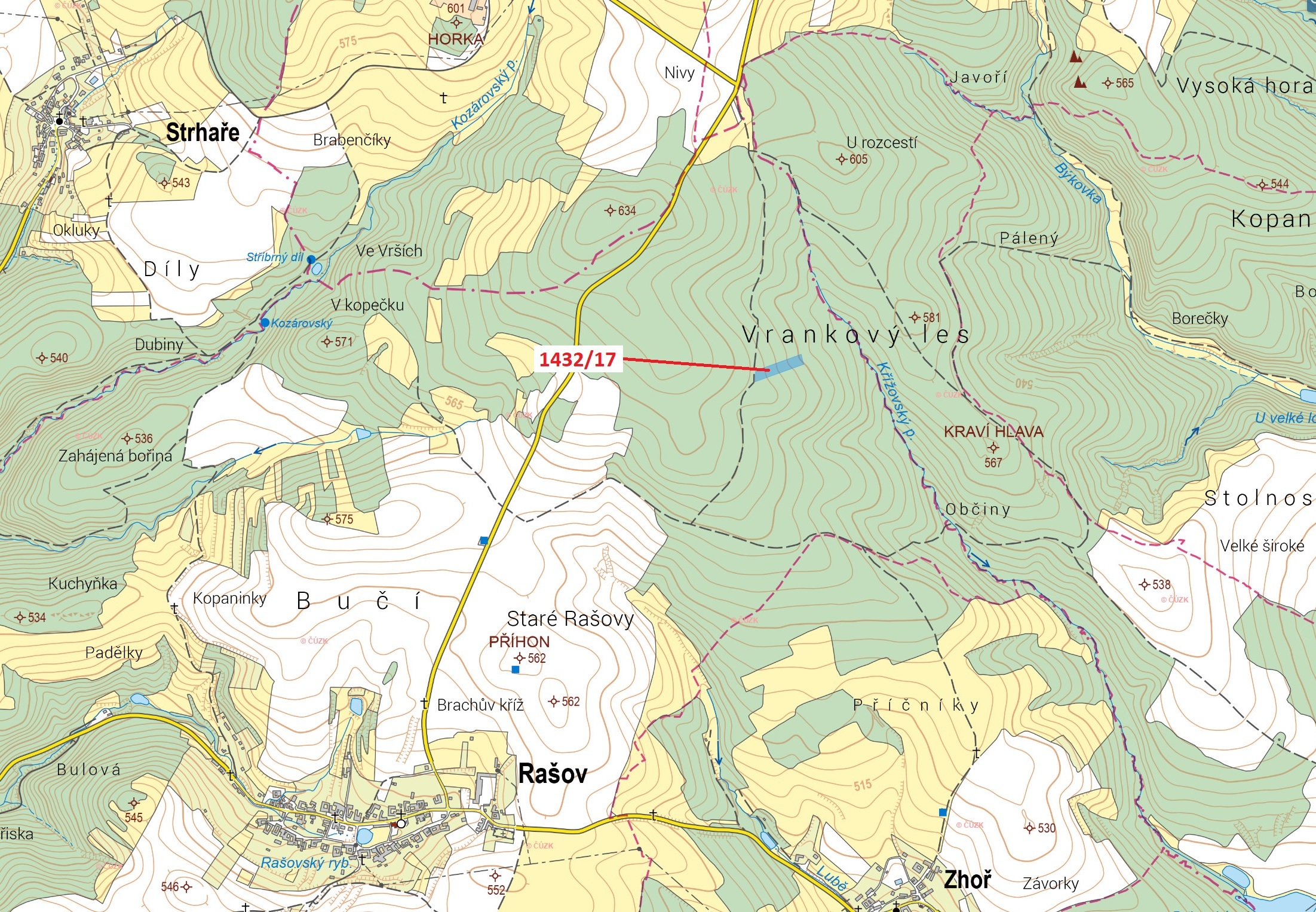 Lesní pozemek o výměře 5746 m2, podíl 1/1, k.ú. Rašov, okres Brno-venkov