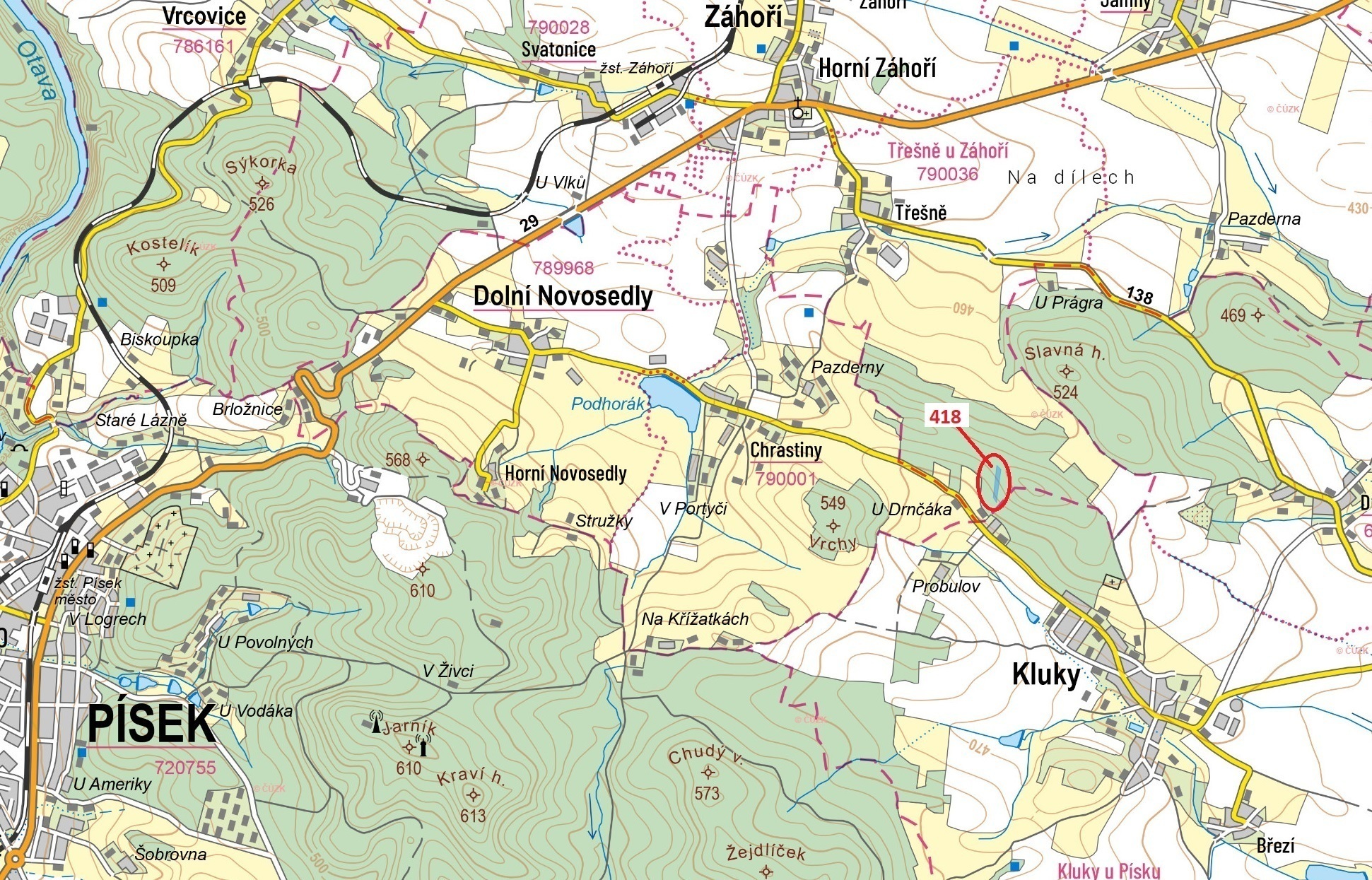 Lesní pozemek o výměře 4 422 m2, podíl 1/1, k.ú. Třešně u Záhoří, okres Písek