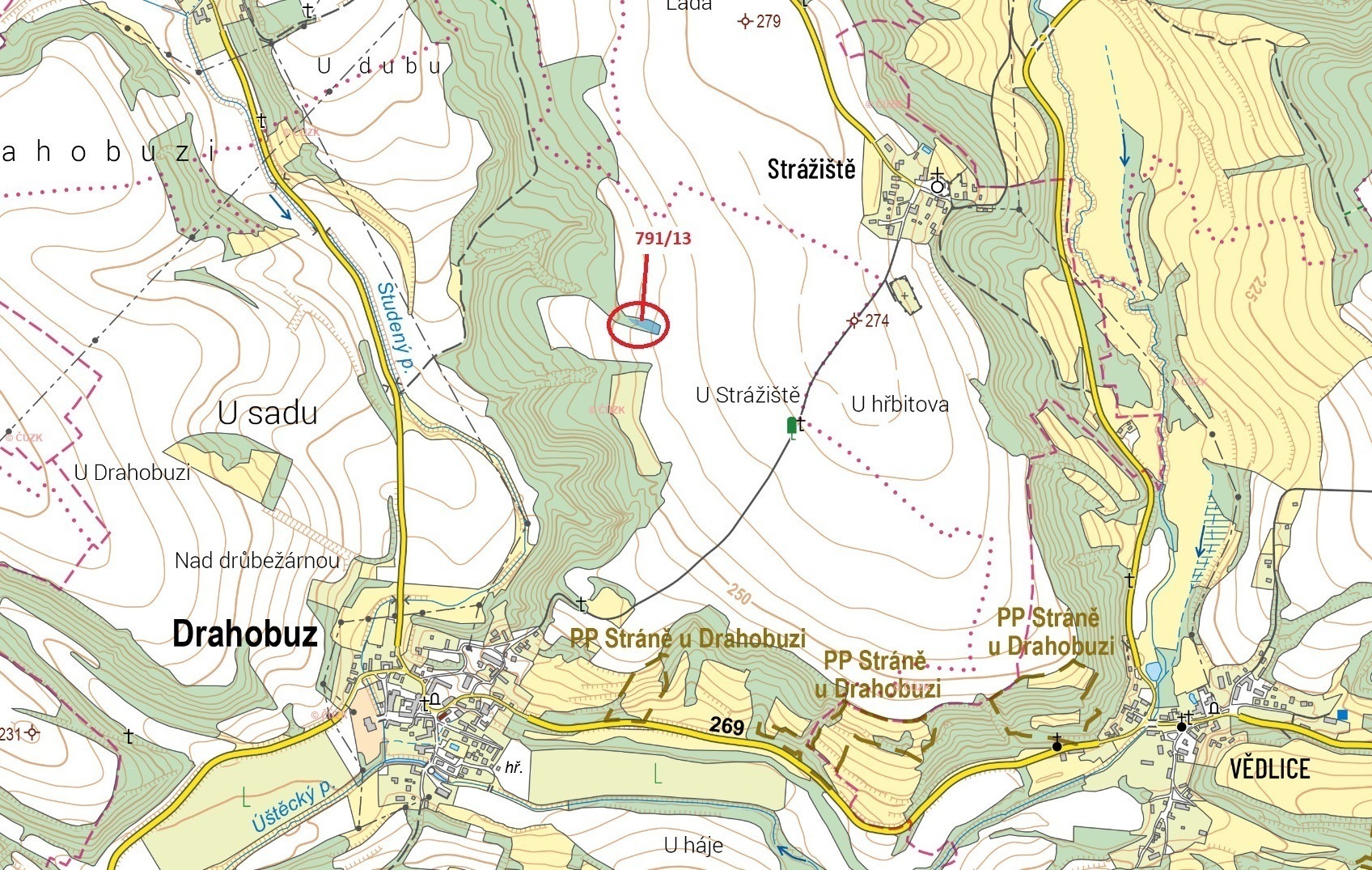 Lesní pozemek o výměře 1252 m2, podíl 1/1, k.ú. Drahobuz, okres Litoměřice