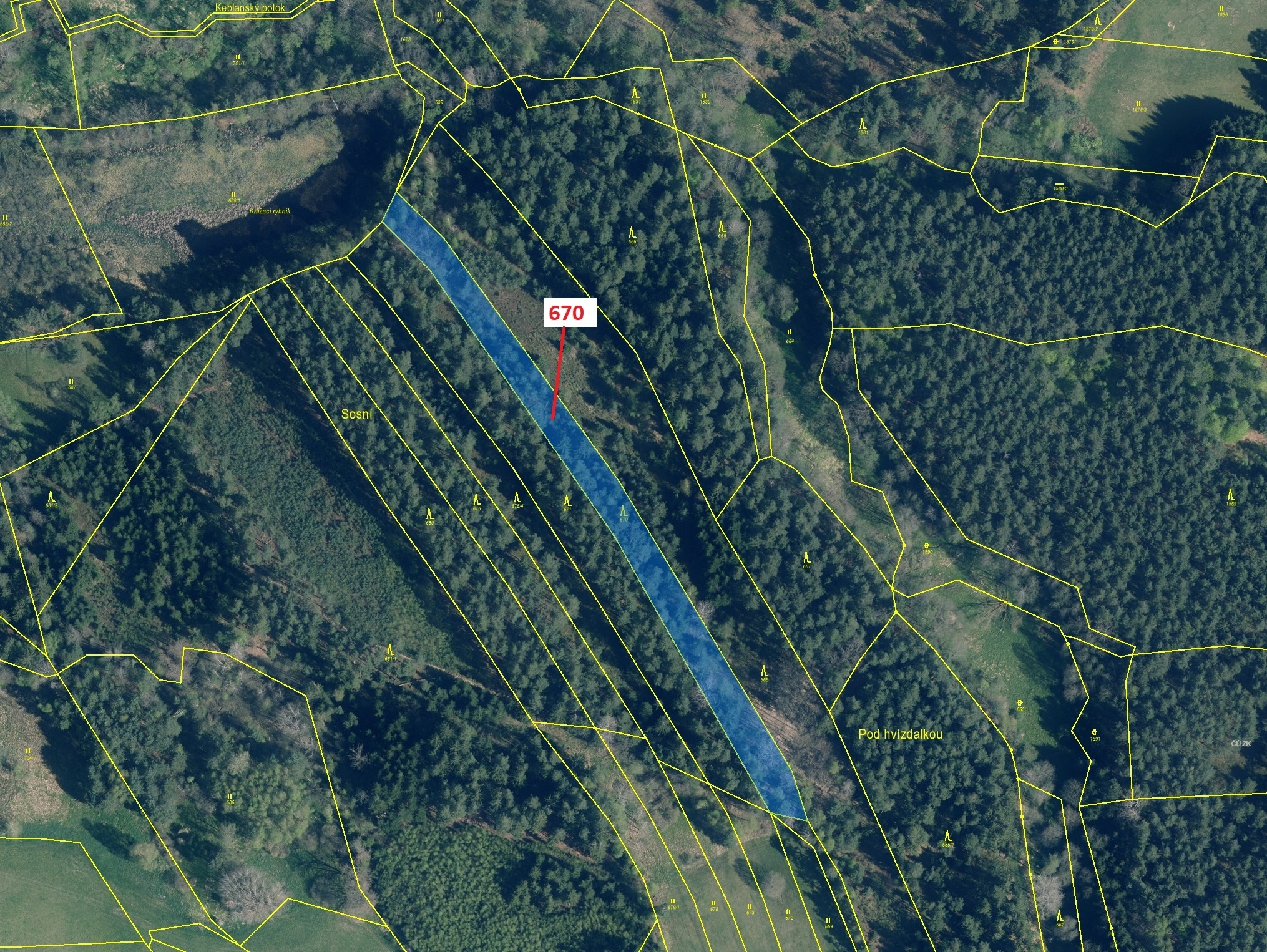 Lesní pozemek o výměře 3941 m2, podíl 1/1, k.ú. Keblany, okres České Budějovice