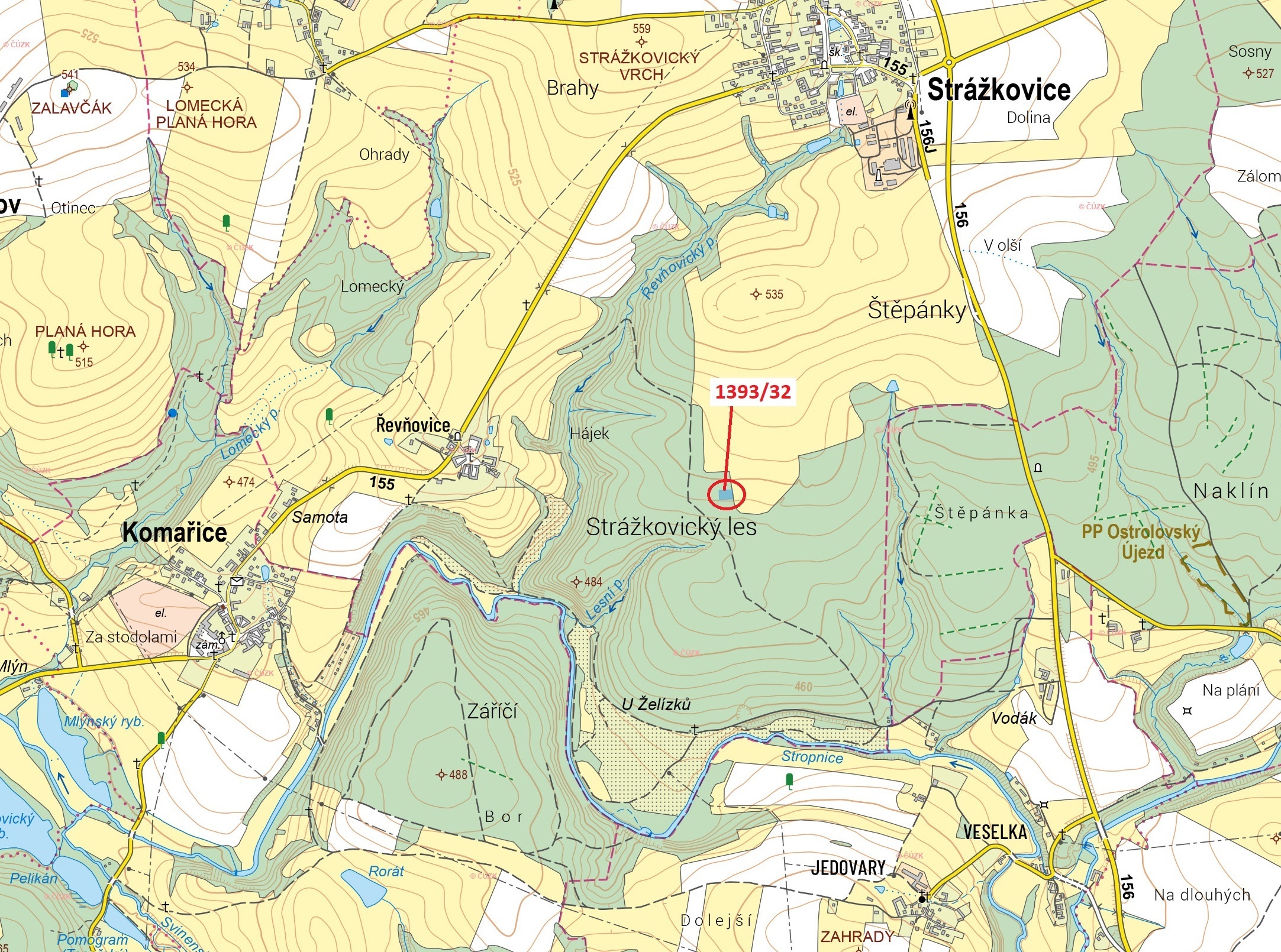 Lesní pozemek o výměře 1388 m2, podíl 1/1, k.ú. Strážkovice, okres České Budějovice