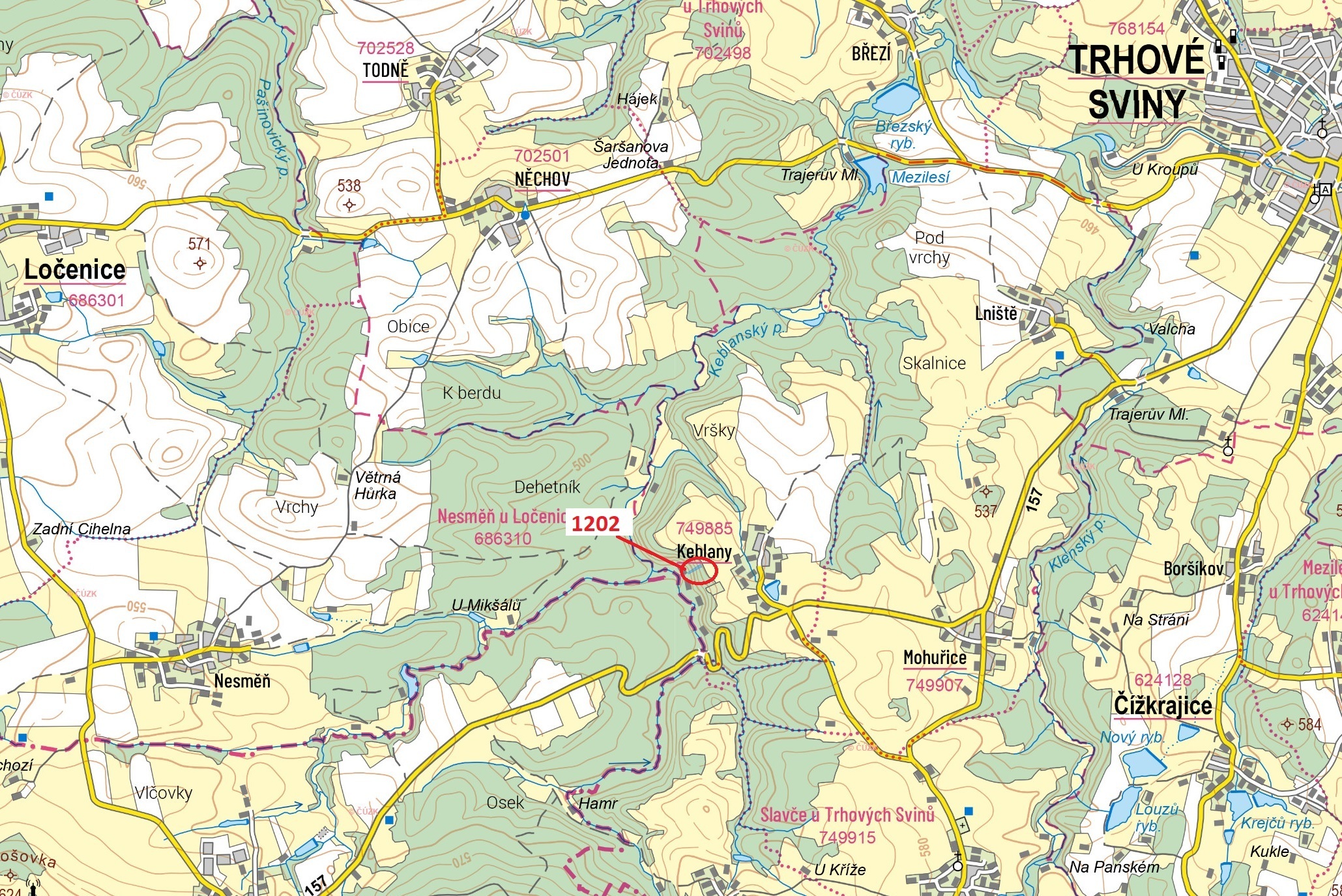 Lesní pozemek o výměře 1448 m2, podíl 1/1, k.ú. Keblany, okres České Budějovice