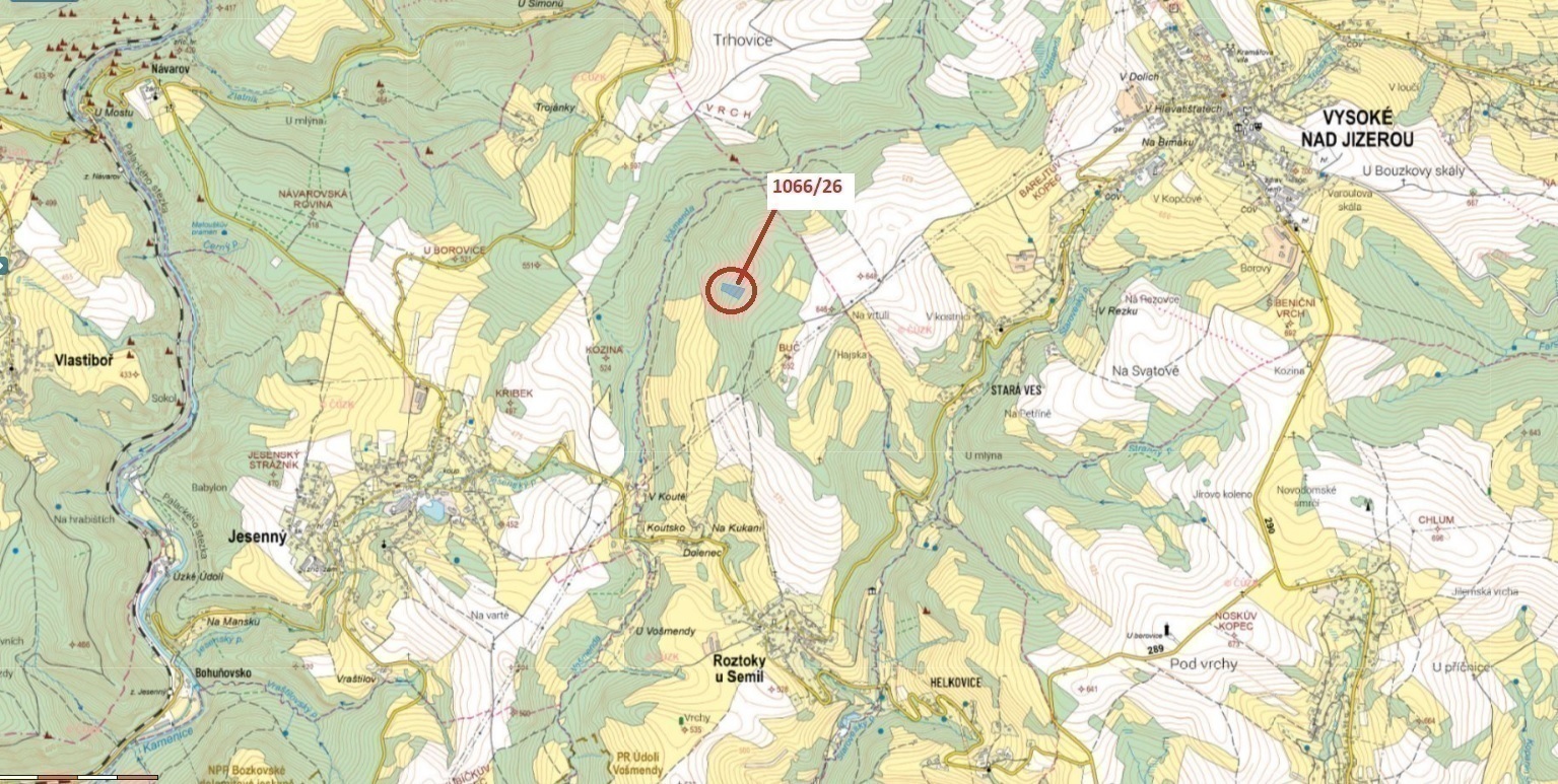 Lesní pozemek o výměře 5 907 m2, podíl 14/15, k.ú. Roztoky u Semil, okres Semily