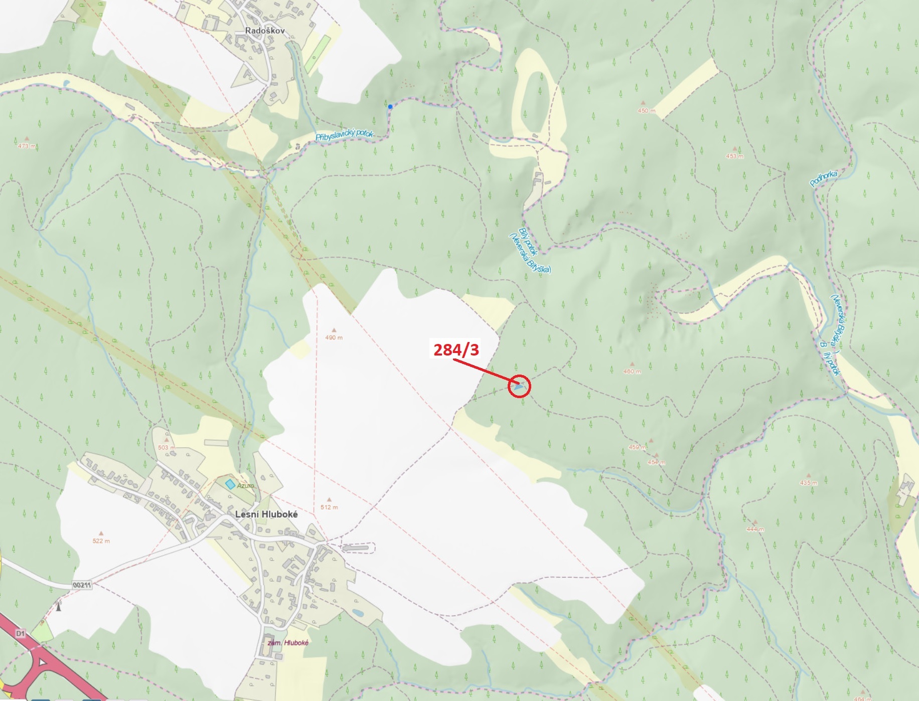 Lesní pozemek o výměře 245 m2, podíl 1/1, k.ú. Lesní Hluboké, okres Brno-venkov