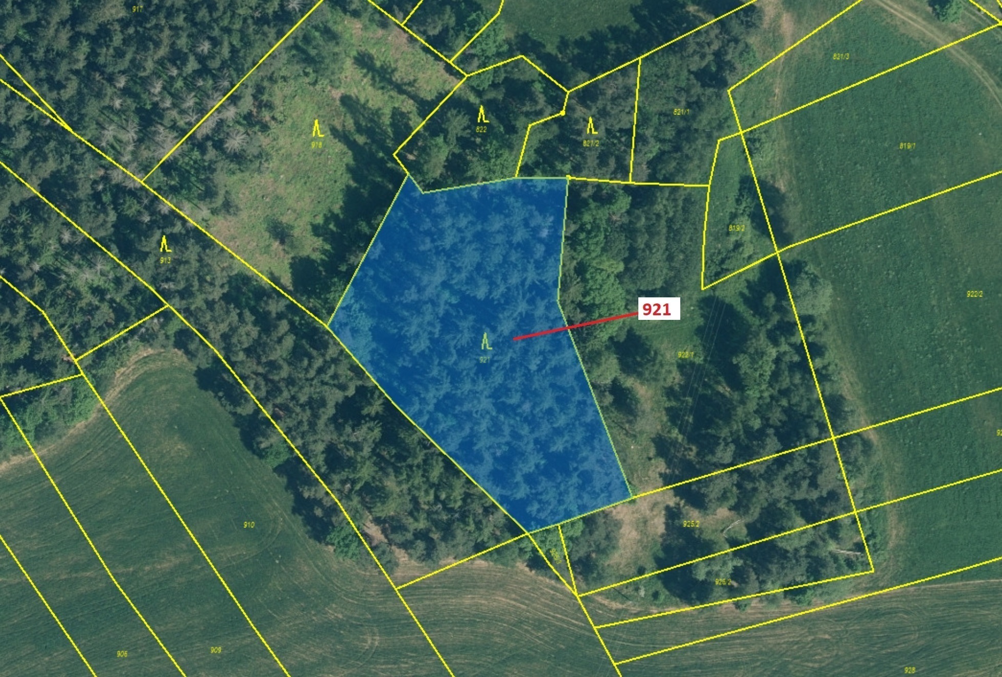 Lesní pozemek o výměře 4 401 m2, podíl 1/1, k.ú. Kovčín, okres Klatovy