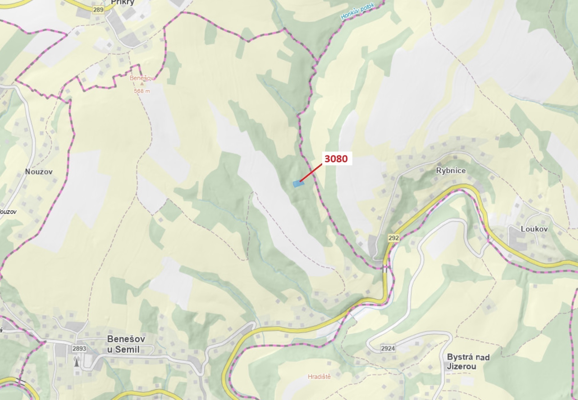 Lesní pozemek o výměře 2540 m2, podíl 1/1, k.ú. Benešov u Semil, okres Semily