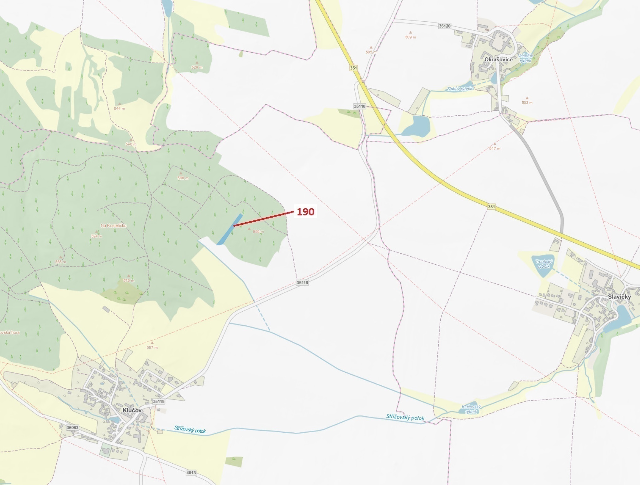 Lesní pozemek o výměře 3 459 m2, podíl 1/1, k.ú. Klučov, okres Třebíč