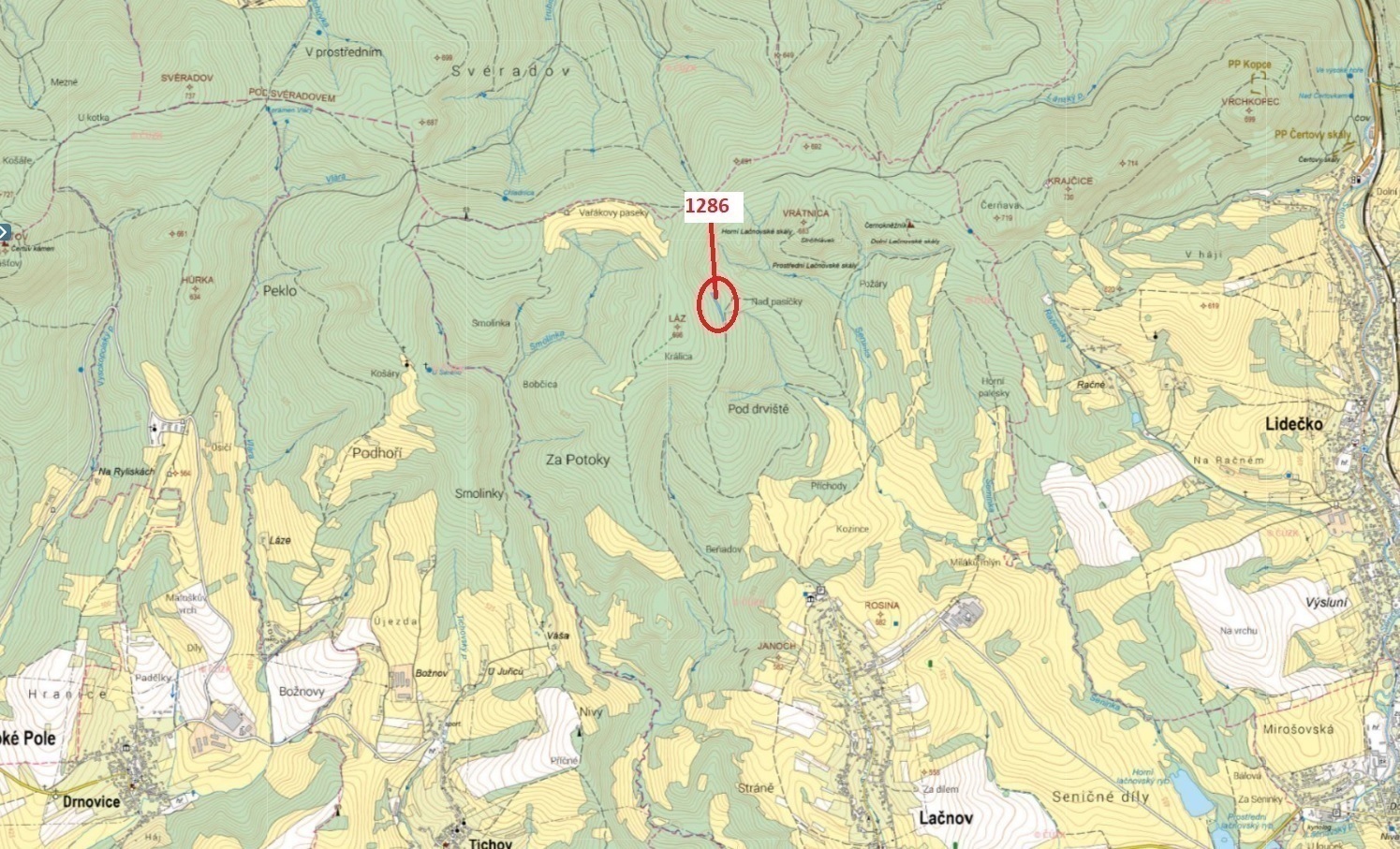 Lesní pozemek o výměře 2 442 m2, podíl 1/1, k.ú. Lačnov, okres Vsetín