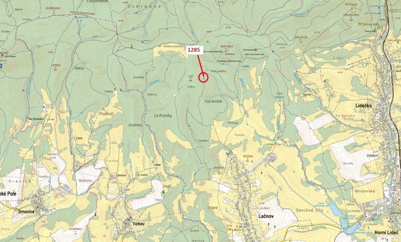 Lesní pozemek o výměře 849 m2, podíl 1/1, k.ú. Lačnov, okres Vsetín