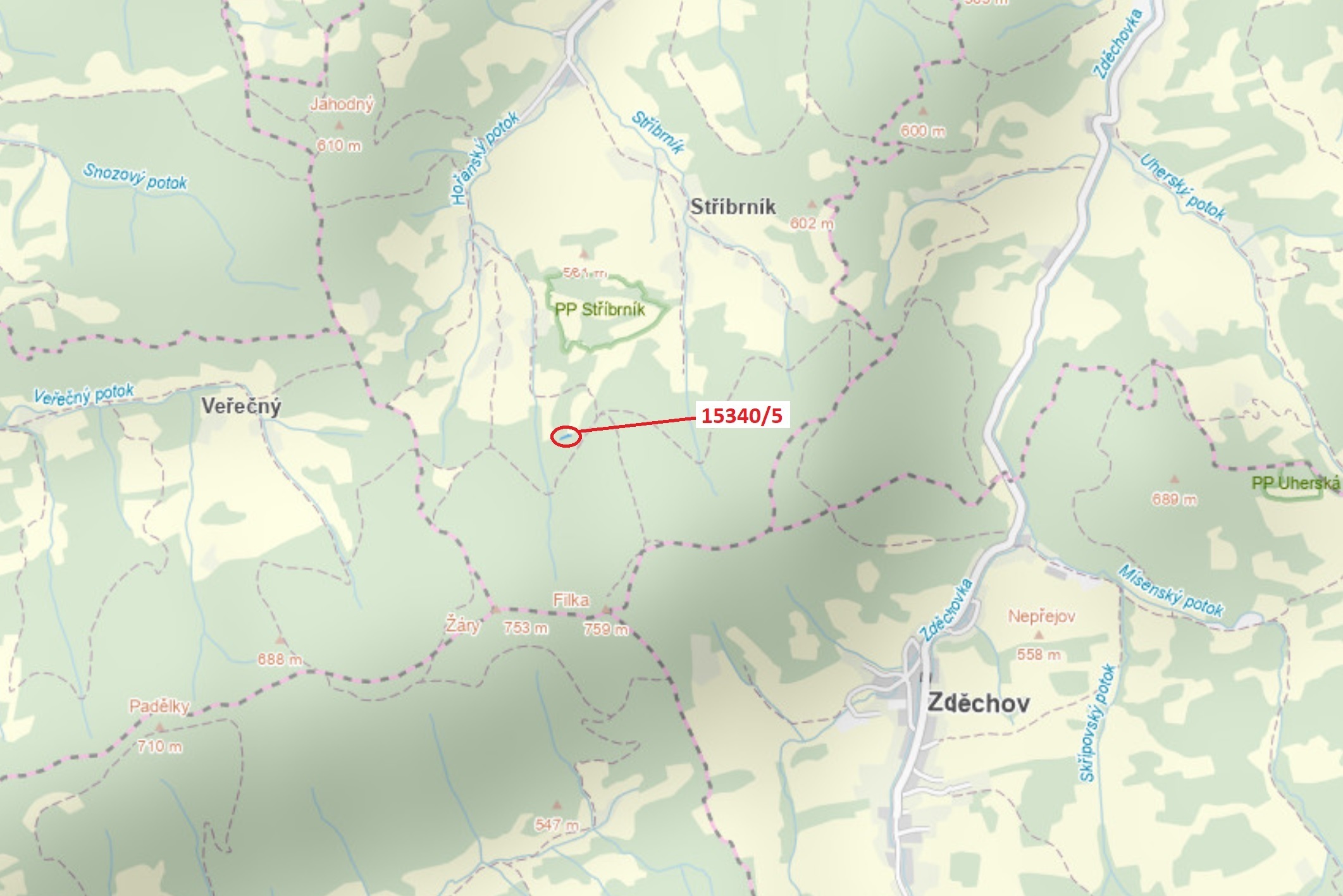 Lesní pozemek o výměře 312 m2, podíl 1/1, k.ú. Hovězí, okres Vsetín