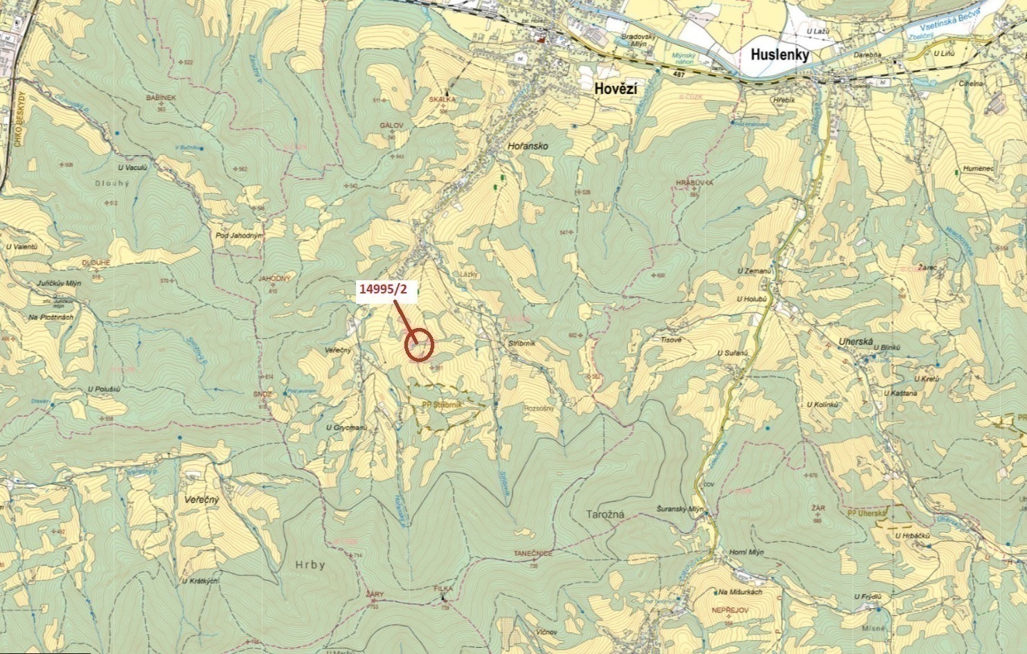 Lesní pozemek o výměře 330 m2, podíl 1/1, k.ú. Hovězí, okres Vsetín