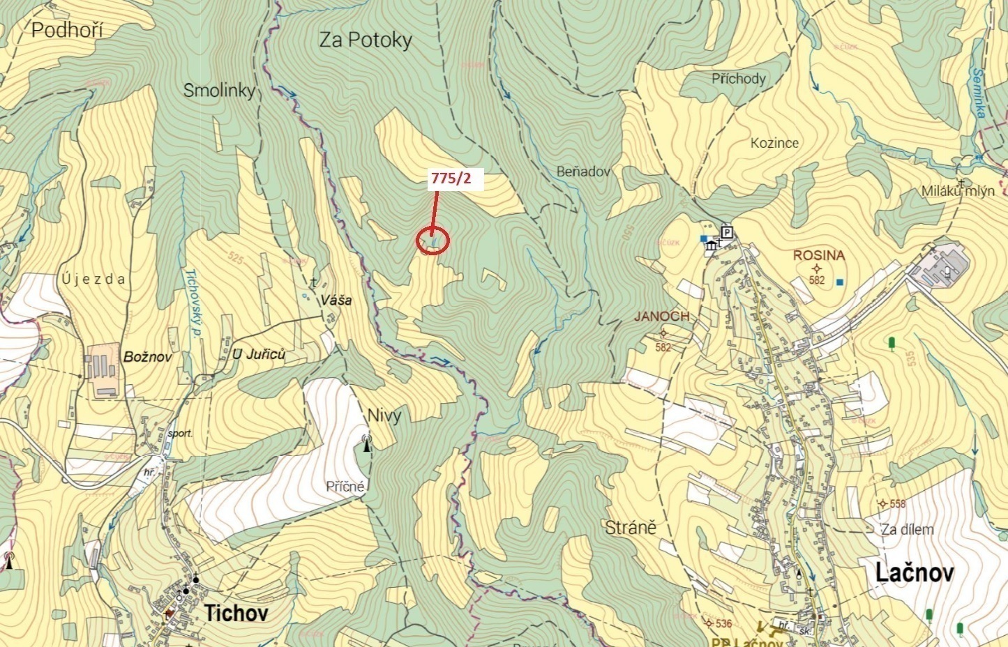 Lesní pozemek o výměře 281 m2, podíl 1/1, k.ú. Lačnov, okres Vsetín