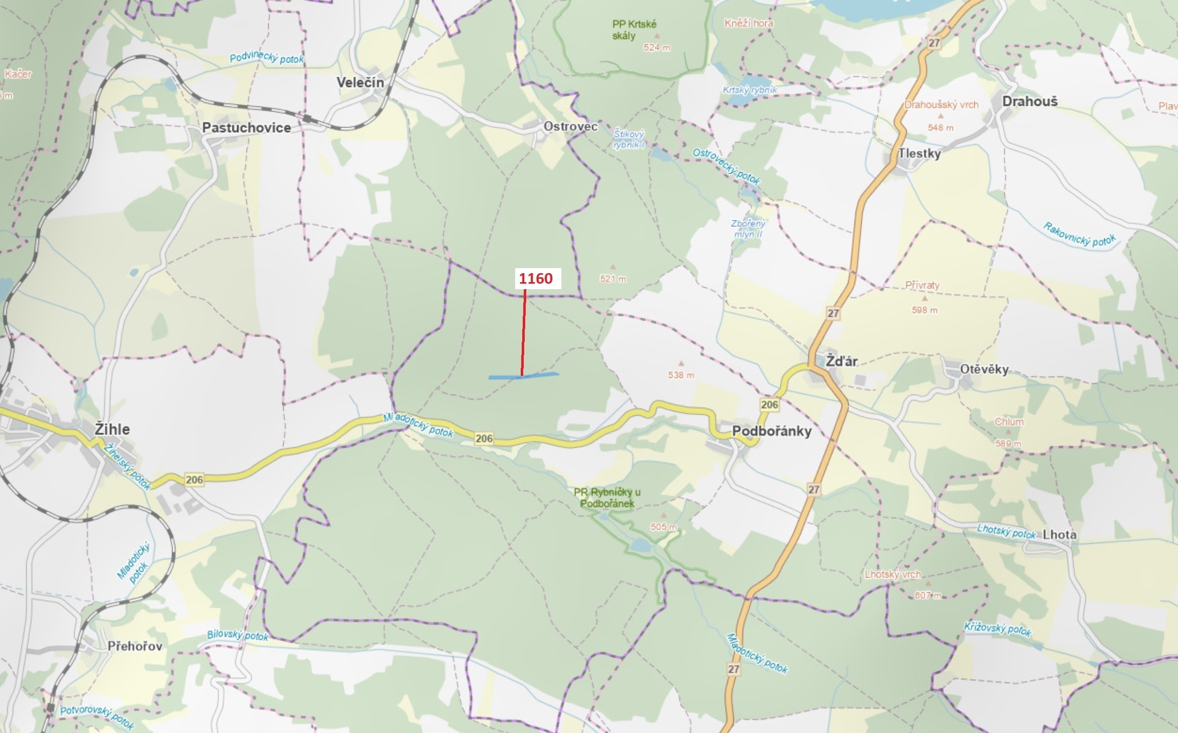 Lesní pozemek o výměře 12 984 m2, podíl 1/1, k.ú. Podbořánky, okres Rakovník