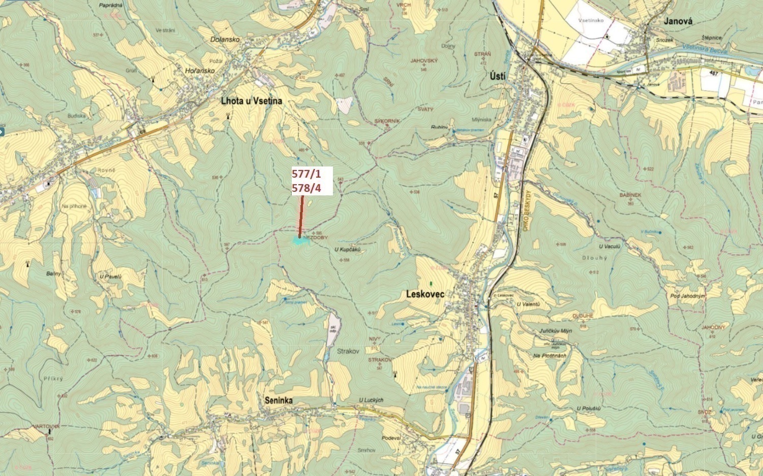 Lesní pozemek o výměře 10 642 m2, podíl 1/1, k.ú. Leskovec, okres Vsetín