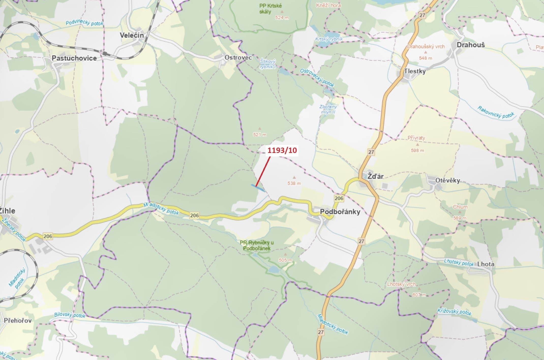 Lesní pozemek o výměře 4 694 m2, podíl 1/1, k.ú. Podbořánky, okres Rakovník