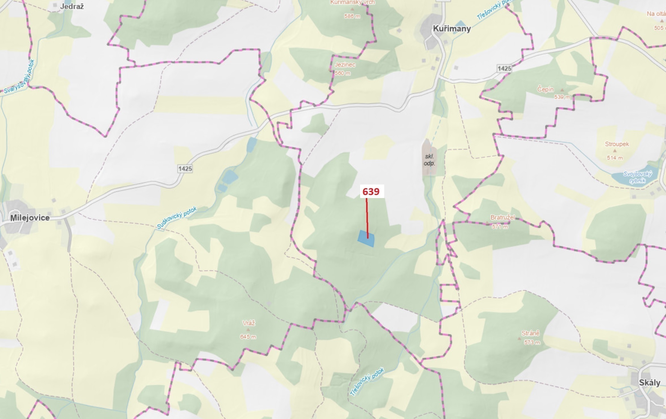 Lesní pozemek o výměře 8 912 m2, podíl 1/1, k.ú. Kuřimany, okres Strakonice