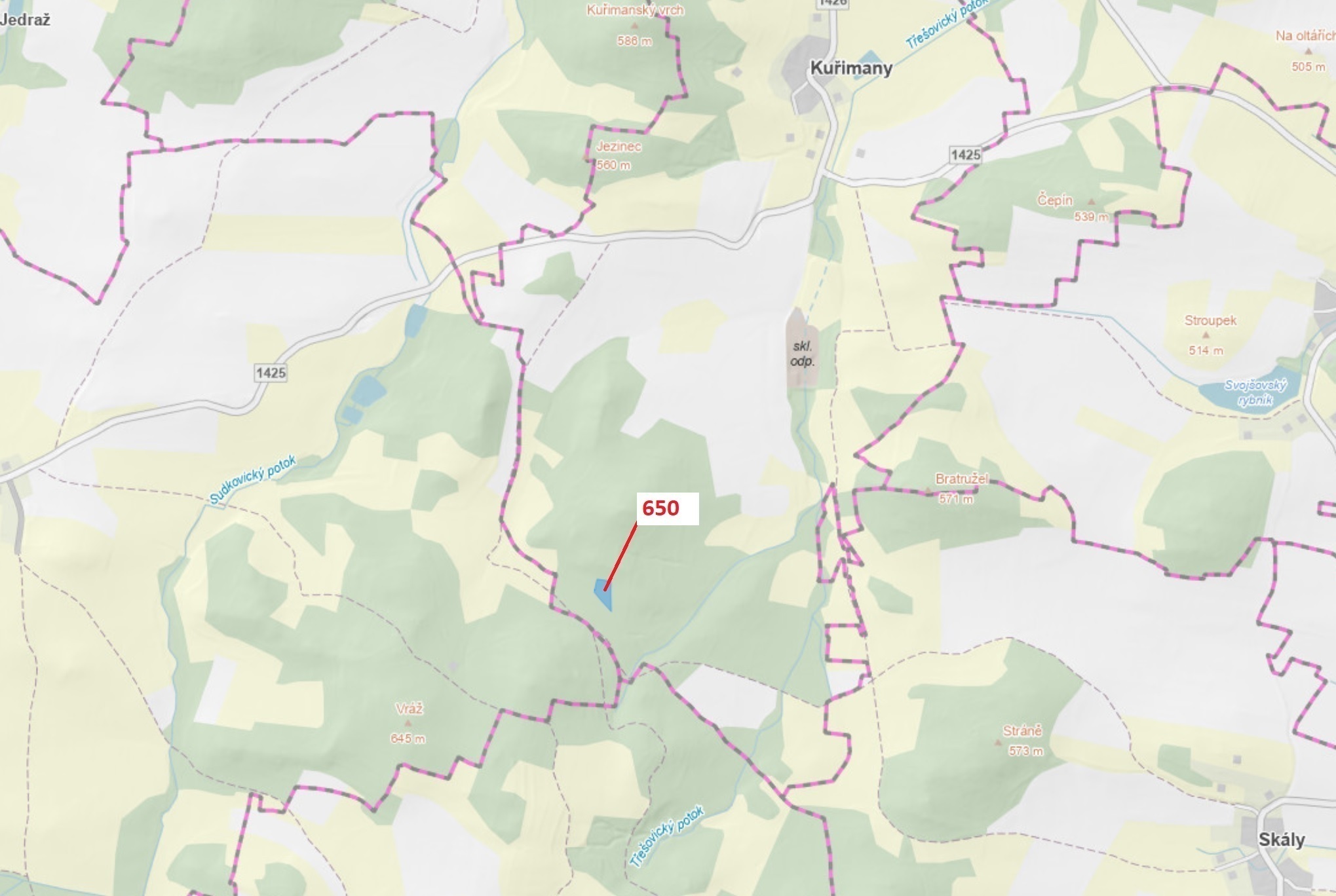Lesní pozemek o výměře 3 688 m2, podíl 1/1, k.ú. Kuřimany, okres Strakonice