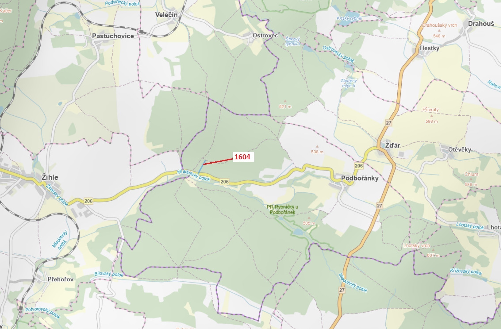 Lesní pozemek o výměře 4 076 m2, podíl 1/1, k.ú. Podbořánky, okres Rakovník