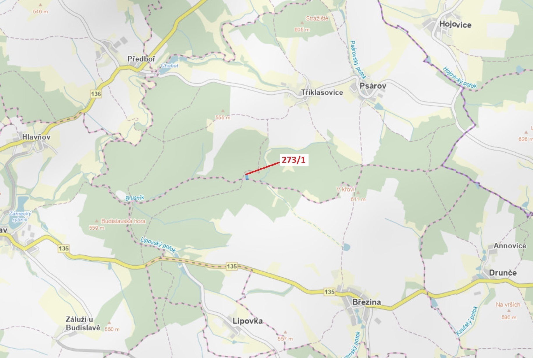 Lesní pozemek o výměře 2 941 m2, podíl 1/1, k.ú. Tříklasovice, okres Tábor
